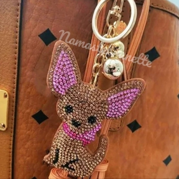 Chihuahua Dog Crystal Rhinestone Keychain Bag Charm With Tan Tassel - Picture 11 of 17
